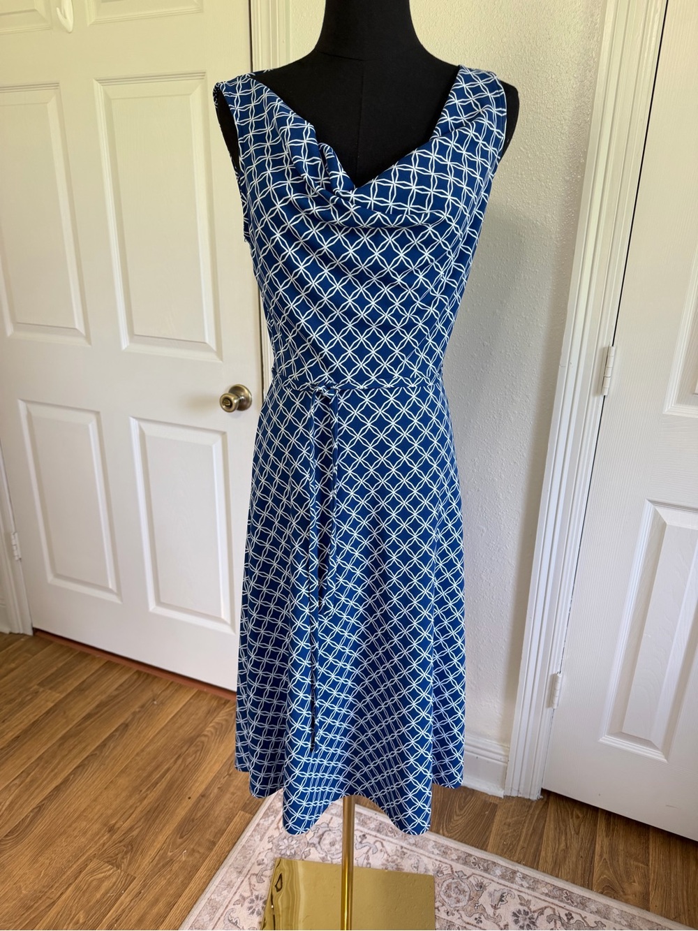 Y2K Express Blue Geometric Cowl Neck Dress Office fit &flare Grandmillennial 7/8